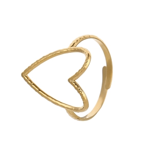 Adjustable golden open ring featuring a large hollow textured heart design on white background