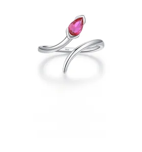 Close-up of S925 sterling silver snake ring featuring a teardrop red gemstone inlay