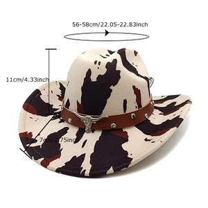 Western cow print cowboy hat with dimensions 56-58cm circumference and metal bull head