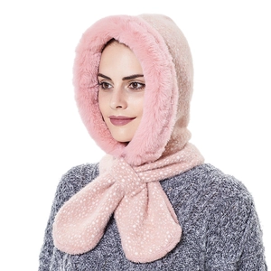 Pink hooded scarf set with faux rabbit fur trim and polka dot knit for winter warmth