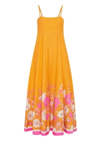 Detail of floral print on yellow maxi dress with thin straps and pink hem trim