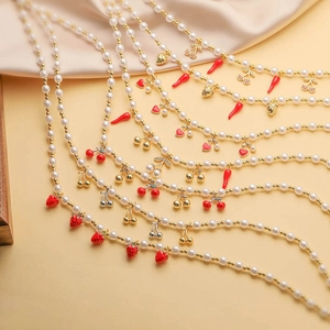 Sweet Fruit Pendant Faux Artificial Pearl Necklace Copper Alloy Strawberry Chili Cherry Beaded Clavicle Chain Jewelry For Women