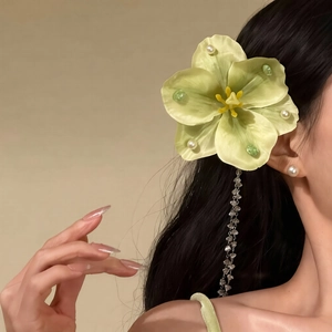 Détail d'une pince à cheveux fleur verte pâle avec perles et long pompon argenté
