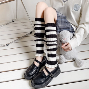 Japanese style black and white striped leg warmers with Lolita lace and Mary Jane shoes
