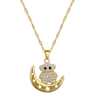 Luxurious gold titanium crescent moon and teddy bear necklace with sparkling crystals