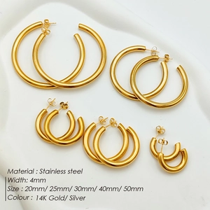 Various sizes of 4mm wide gold plated stainless steel hoop earrings from 20mm to 50mm