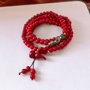 New Chinese style red beaded bracelet with cinnabar gourd charm and Fu character tag