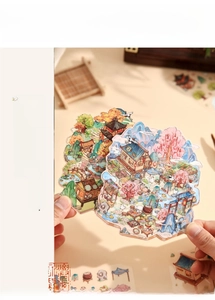 Detail showing 3D Chinese traditional landscape stickers with cranes and pavilions