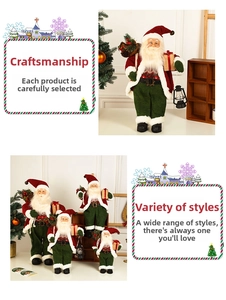 Detail view of handcrafted Santa Claus figurines with lanterns and gift bags