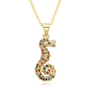 Colorful seahorse pendant necklace with 18K gold plating and multi-color zircon stones
