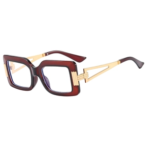 Retro square oversized glasses with dark red frames and hollow golden metal temples
