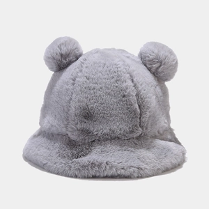 Close-up of light grey plush bucket hat featuring cute soft faux fur pom-pom ears