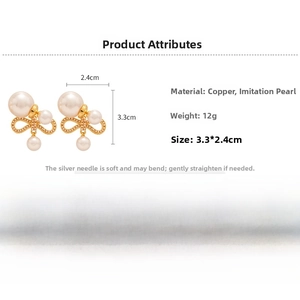 Detail view of gold-plated bow pearl earrings showing 3.3x2.4cm dimensions and weight