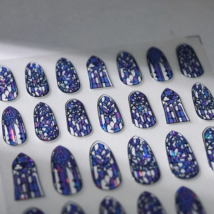 Gothic stained glass nail stickers with holographic laser effects and church arch designs