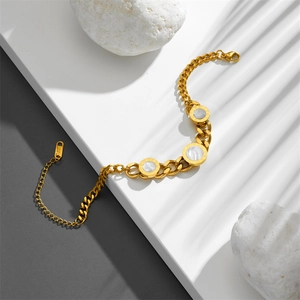 Golden stainless steel chain bracelet with white shell Roman numeral circular charms