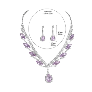 Luxus Brautschmuck-Set in Silber mit lila Kristall-Halskette und Tropfenohrringen