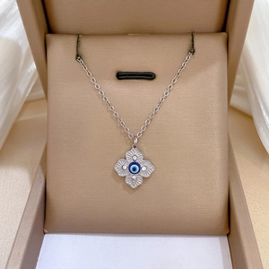 Lucky clover necklace with blue evil eye pendant and zircon stones in titanium steel