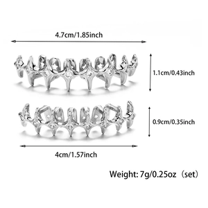 Hip hop silver grillz set with zircon star patterns and detailed size measurements