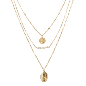 Three-layer gold necklace set featuring coin pendant, pearl beads and natural shell charm