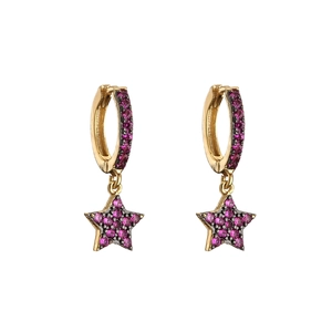 Gold star drop earrings featuring pink pavé set cubic zirconia on elegant small hoops