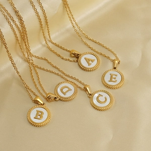 Initial Letter Necklace Pendant For Women 18K Gold Plated Stainless Steel Natural Shell Round Disc Elegant Trendy Jewelry