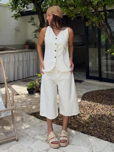 Women White Sleeveless V Neck Button Vest And Wide Leg Cropped Pants Polyester Viscose Linen Cotton Outfits