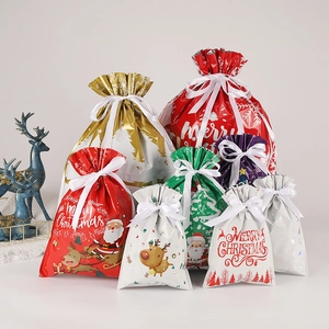 Christmas Gift Bags Drawstring Plastic Metallic Holographic Festive Treat Wraps Reindeer Santa Claus Holiday Party Supplies