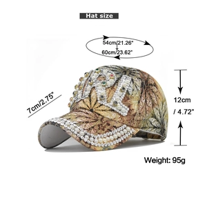 Detail of maple leaf print baseball cap with RL rhinestone logo and pearl brim edge