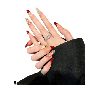 Red cat-eye French press-on nails with champagne gold glitter and plaid almond shape