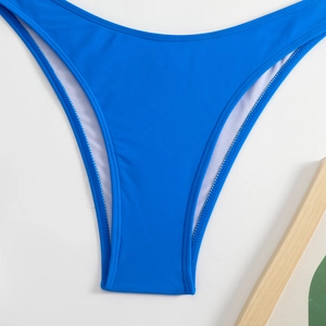 Detailed close-up of royal blue high-cut bikini bottoms with white lining and neat stitching