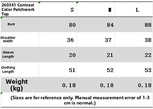 Size chart detail for color block short sleeve top showing measurements for S, M, L