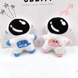 Close-up of plush astronaut brooches with detailed blue and pink embroidery details