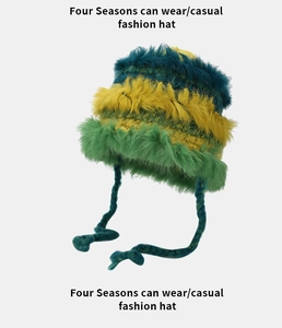 Detail of a soft knit earflap hat with green yellow and blue plush faux fur texture