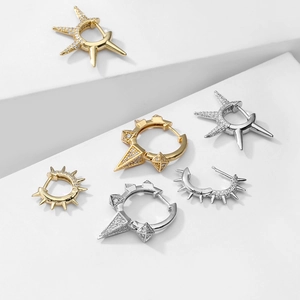 Spike Star Geometric Hoop Earrings Brass AAA Zirconia Micro Pave Punk Huggie Trendy Jewelry Women