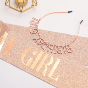 Rose gold glitter Birthday Girl sash and rhinestone crown headband party set