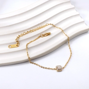 French vintage style gold stainless steel bracelet with square cubic zirconia pendant