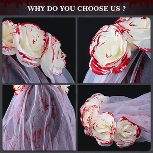 Ghost bride headband with blood-stained white roses and mesh veil for Halloween party decor