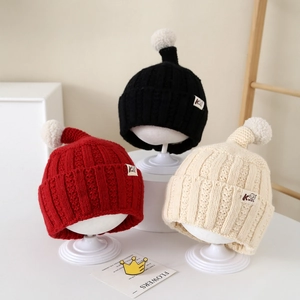 Children Kids Knitted Beanie Hat Winter Warm Woolen Yarn Pointed Top Pom Pom Ribbed Texture Toddler Boys Girls Fashion