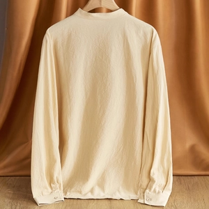 Men's relaxed fit linen long sleeve shirt with mandarin collar in a beige neutral tone