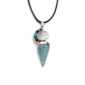 Tree of Life necklace with green turquoise hexagonal prism pendant on black cord