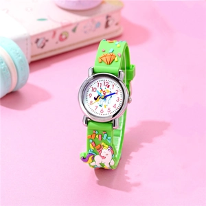 Kids quartz watch with 3D unicorn silicone strap and rainbow colors on pink background