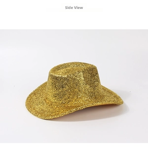 Side view of golden glitter cowboy hat for parties featuring sparkly sequin finish
