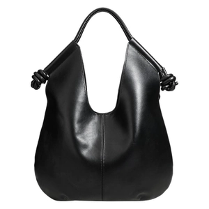 Elegant black leather hobo bag with knotted shoulder straps and spacious tote silhouette