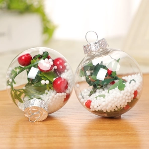 Clear PET Christmas ball with red berries, green leaves and white snow foam filler