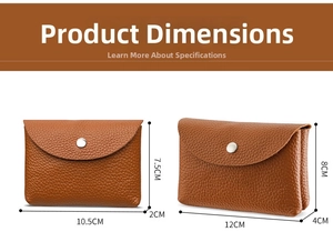 Detailed view of two brown litchi pattern leather coin purses with metal snap buttons