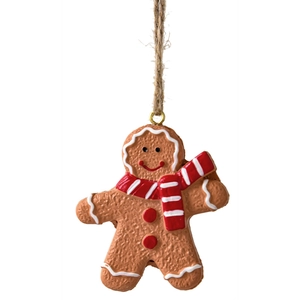 Gingerbread man Christmas tree ornament with white icing details and red striped scarf