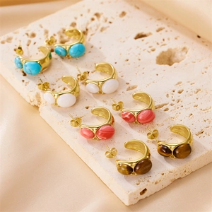 Minimalist C-Shaped Stainless Steel Stud Earrings For Women High-End Inlaid Natural Stone Geometric Fashion Jewelry Gift