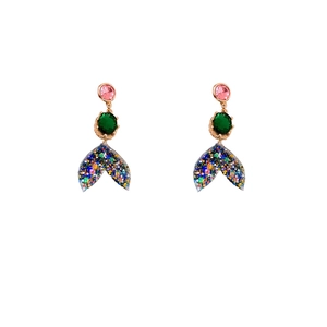Vintage fishtail earrings with pink, green gemstones and sequins in rose gold plating