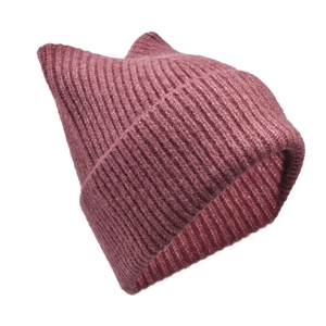 Detailed close-up of the cat ear knit hat showing the thick ribbed texture in dusty pink