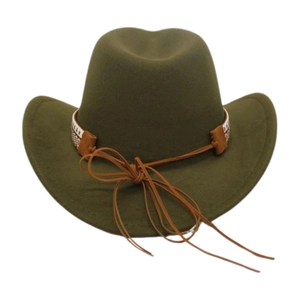 Detail of olive green fedora with brown braided band and classic western curved brim